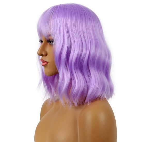 12 Inch Wavy Bob Wig with Bangs, Curly Short Bob Synthetic Hair for Women