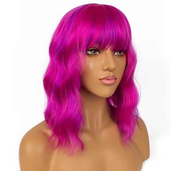 12 Inch Wavy Bob Wig with Bangs, Curly Short Bob Synthetic Hair for Women