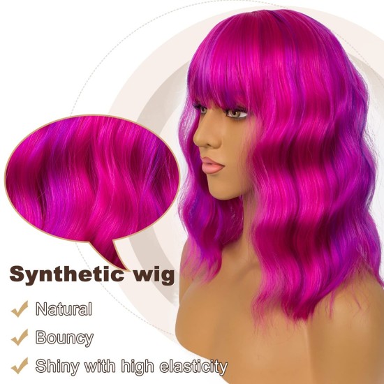 12 Inch Wavy Bob Wig with Bangs, Curly Short Bob Synthetic Hair for Women