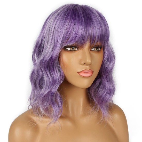12 Inch Wavy Bob Wig with Bangs, Curly Short Bob Synthetic Hair for Women