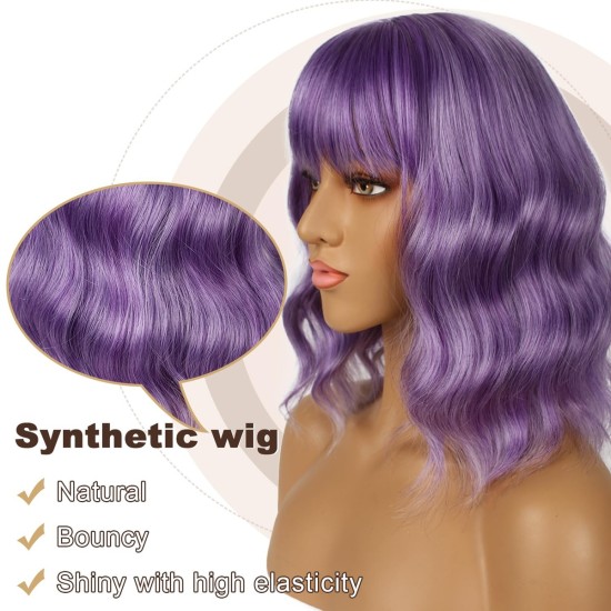 12 Inch Wavy Bob Wig with Bangs, Curly Short Bob Synthetic Hair for Women