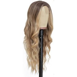 Ombre Blonde Long Wavy Wig for Women, 24 and 26 Inch Middle Part Synthetic Body Wave, Brown Roots to Honey Blonde, Heat-Friendly High-Temperature Fibre