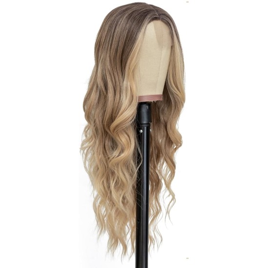 Ombre Blonde Long Wavy Wig for Women, 24 and 26 Inch Middle Part Synthetic Body Wave, Brown Roots to Honey Blonde, Heat-Friendly High-Temperature Fibre