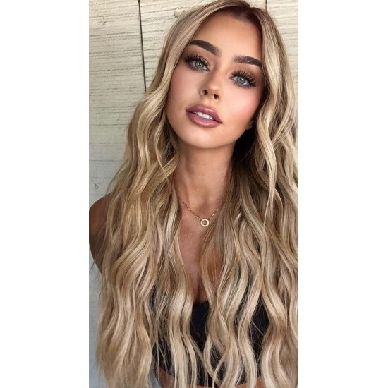 Ombre Blonde Long Wavy Wig for Women, 24 and 26 Inch Middle Part Synthetic Body Wave, Brown Roots to Honey Blonde, Heat-Friendly High-Temperature Fibre