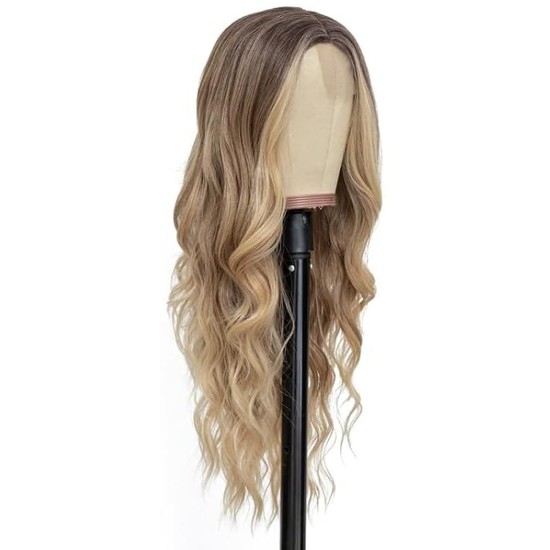 Ombre Blonde Long Wavy Wig for Women, 24 and 26 Inch Middle Part Synthetic Body Wave, Brown Roots to Honey Blonde, Heat-Friendly High-Temperature Fibre