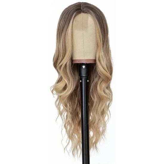 Ombre Blonde Long Wavy Wig for Women, 24 and 26 Inch Middle Part Synthetic Body Wave, Brown Roots to Honey Blonde, Heat-Friendly High-Temperature Fibre