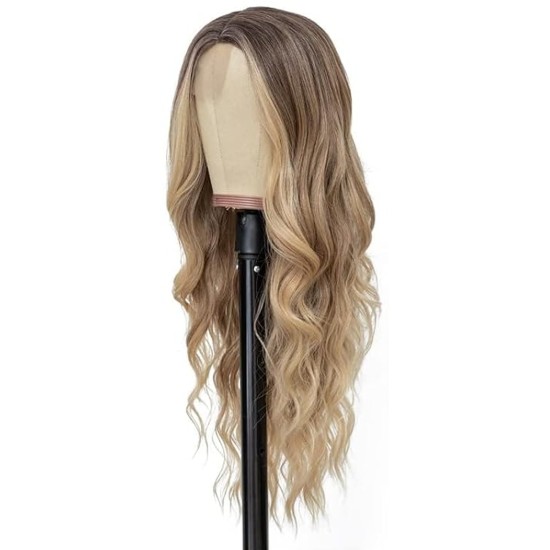 Ombre Blonde Long Wavy Wig for Women, 24 and 26 Inch Middle Part Synthetic Body Wave, Brown Roots to Honey Blonde, Heat-Friendly High-Temperature Fibre