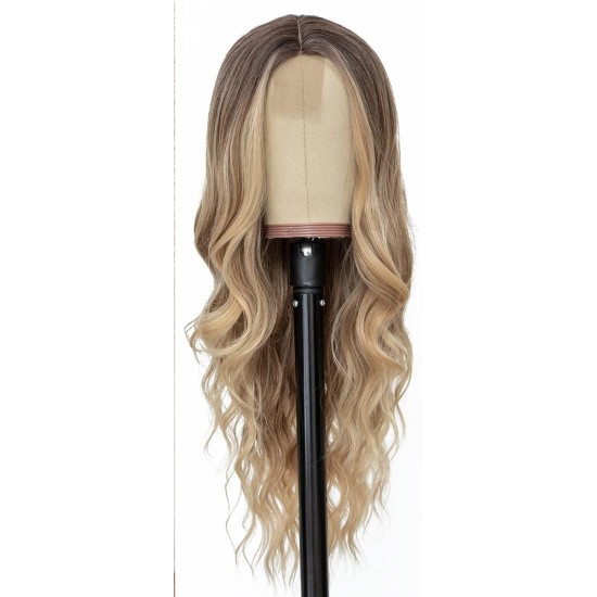 Ombre Blonde Long Wavy Wig for Women, 24 and 26 Inch Middle Part Synthetic Body Wave, Brown Roots to Honey Blonde, Heat-Friendly High-Temperature Fibre