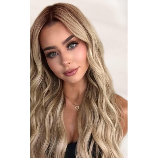 Ombre Blonde Long Wavy Wig for Women, 24 and 26 Inch Middle Part Synthetic Body Wave, Brown Roots to Honey Blonde, Heat-Friendly High-Temperature Fibre