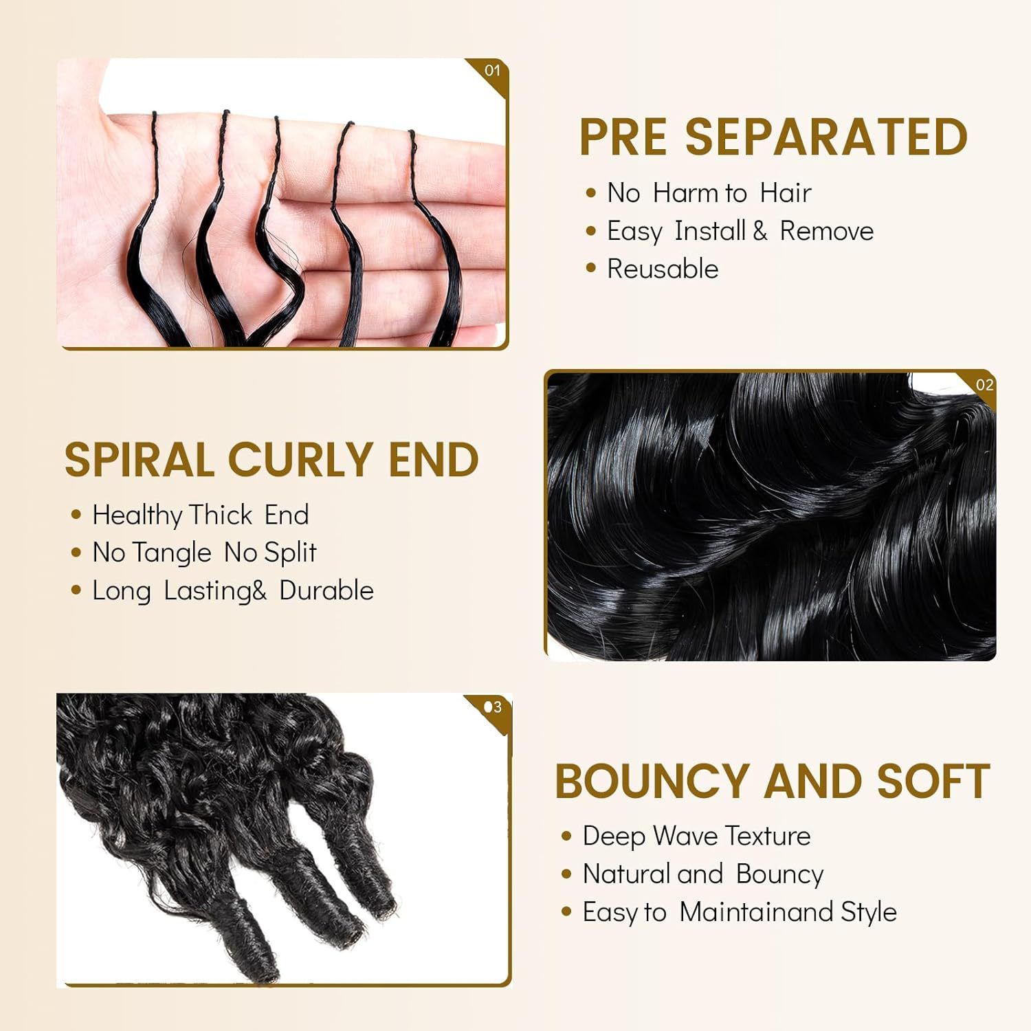 Jet-black hair with Spiral Curly End and Deep Wave Texture
