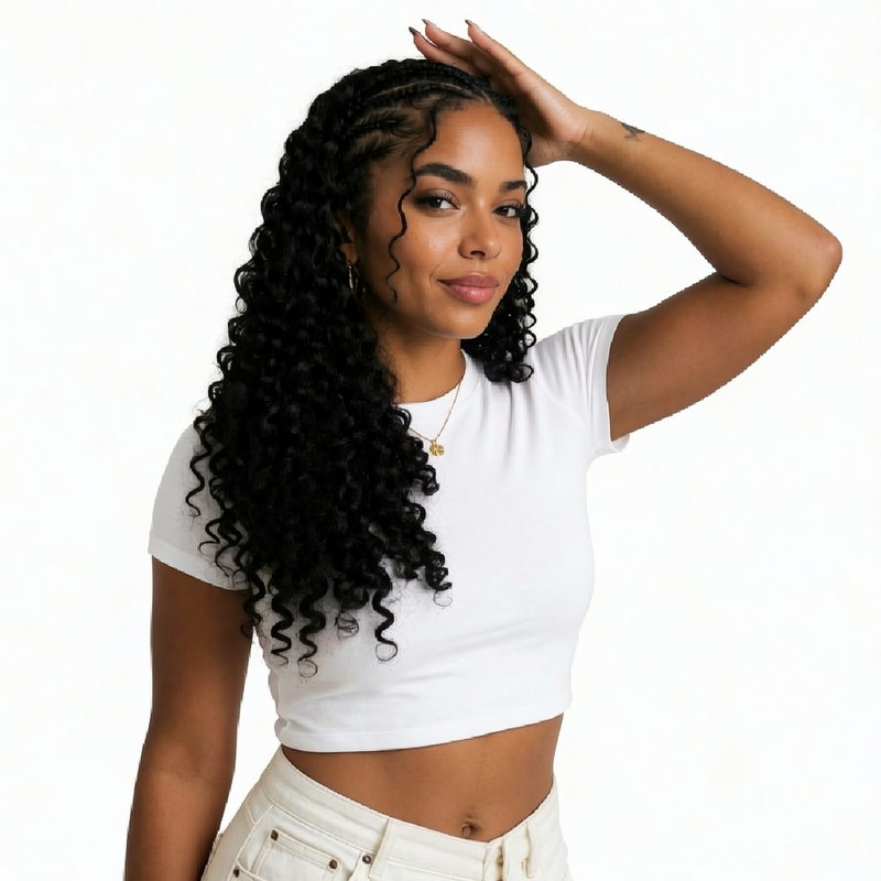 Long jet-black wig with voluminous curly texture and deep side part
