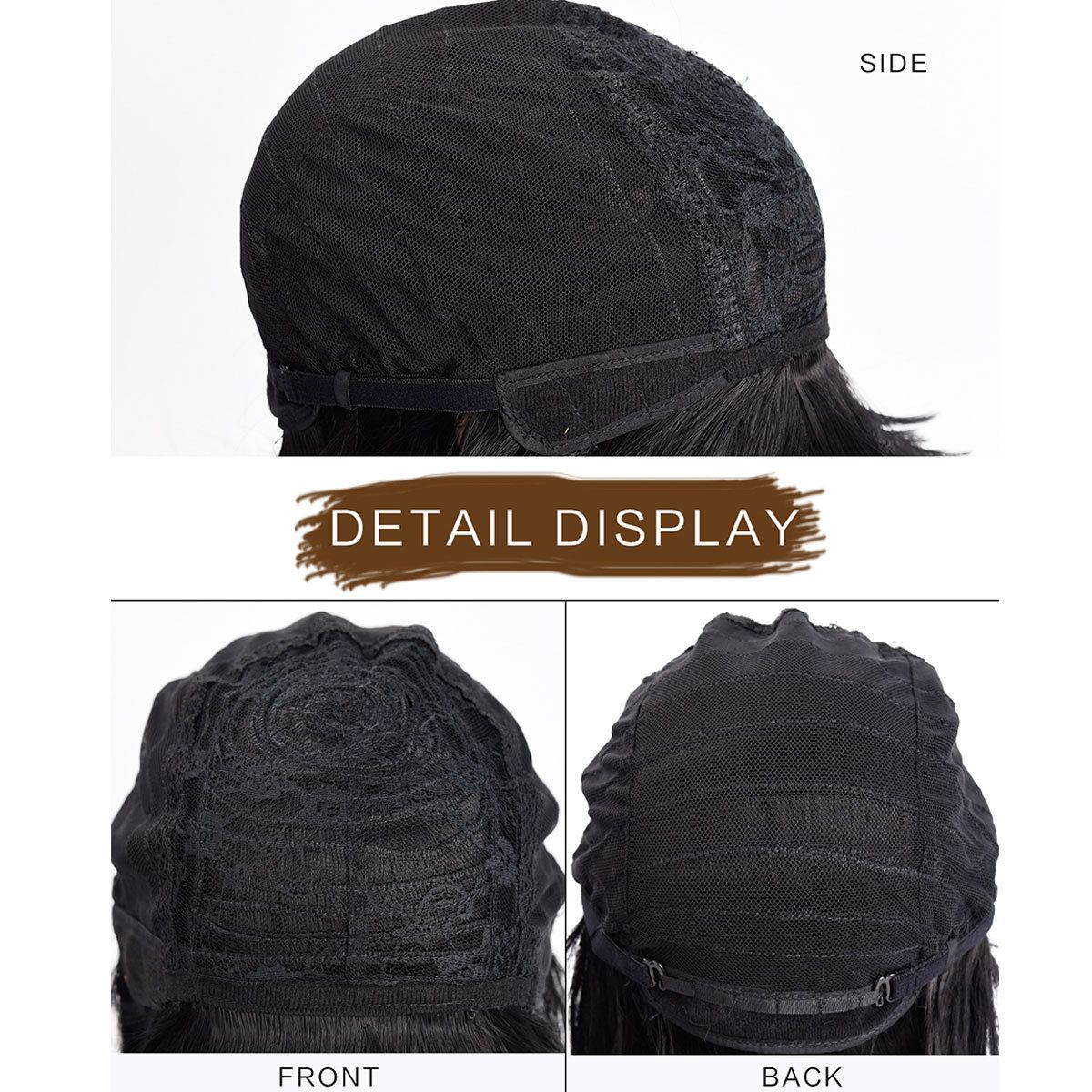 synthetic bob wig - This detailed product display highlights the wig's interior construction, featuring a black mesh cap