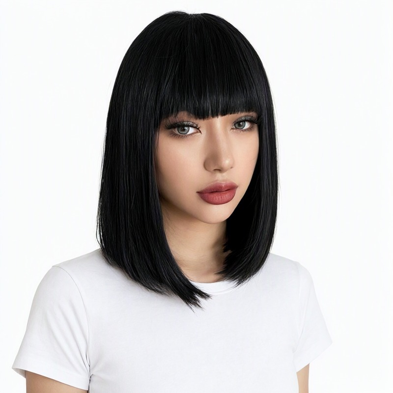 synthetic bob wig - This sleek, jet-black wig features a sharp, chin-length bob cut with a straight texture and a thick