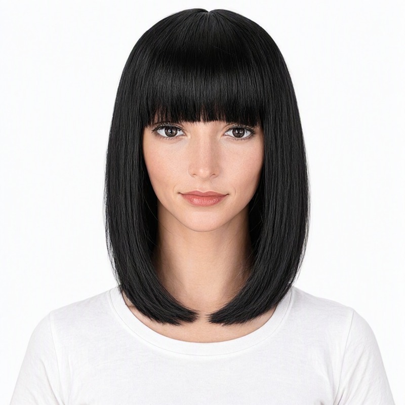 synthetic bob wig - This sleek, jet-black bob features a sharp, straight cut that falls just below the chin with a blunt