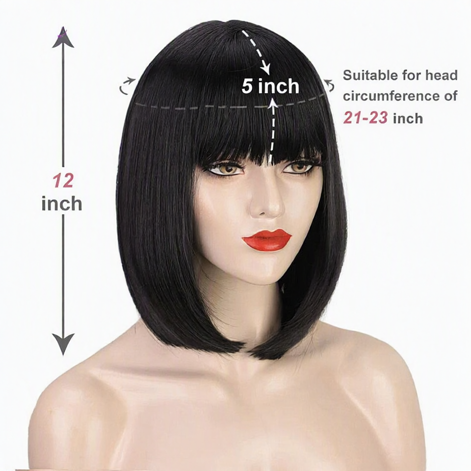 synthetic bob wig - This sleek, jet-black bob wig features a glossy, straight texture with a sharp, blunt cut that falls to