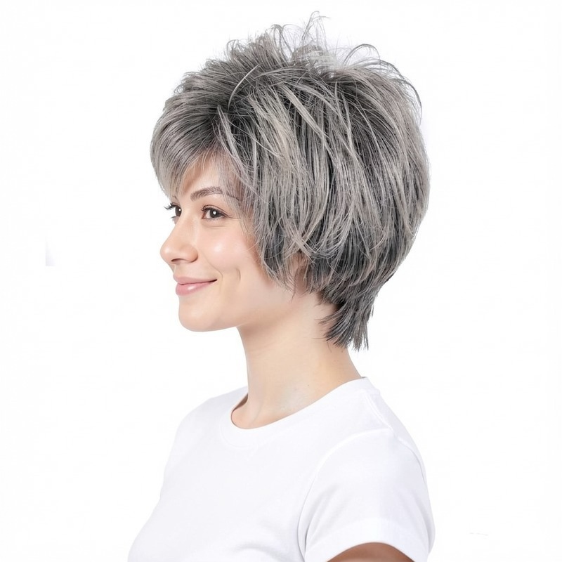 Short asymmetrical bob with salt and pepper grey shades