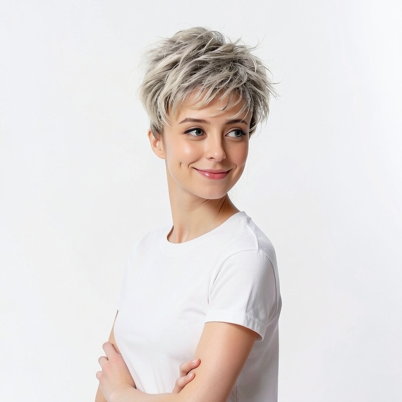 Textured short hair in platinum and ash tones