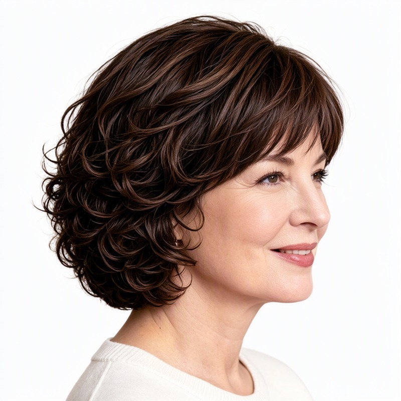 short curly synthetic wig - This short, layered wig features a rich, multi-tonal dark brown colour with subtle lighter