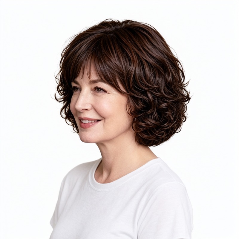 short curly synthetic wig - This rich, dark brown wig features a chic, short bob cut with a soft, textured wave and a wispy