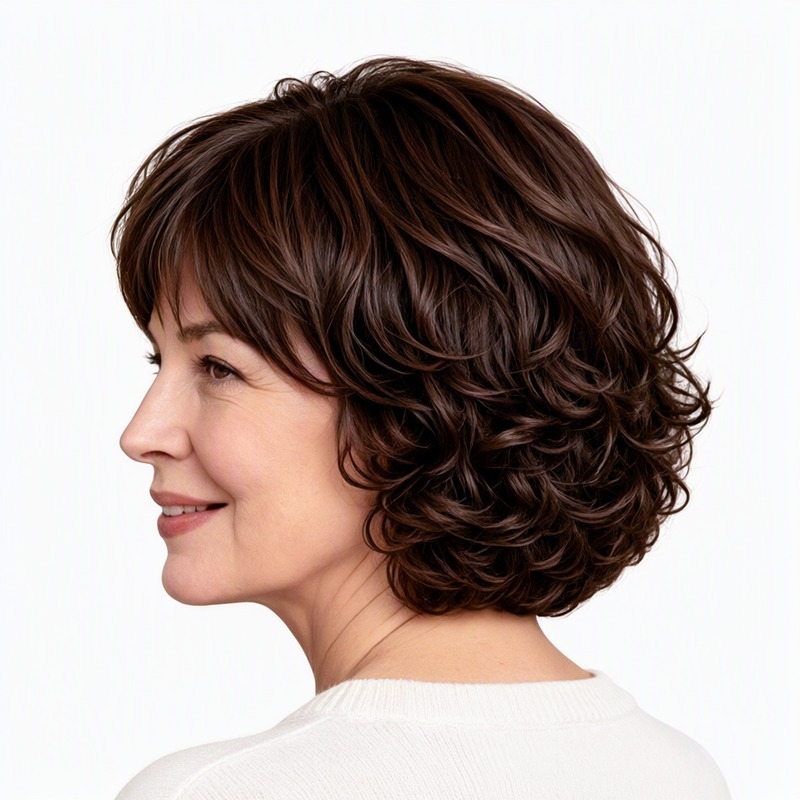 short curly synthetic wig - This short, layered wig features a rich, dark brown color with subtle lighter highlights, a