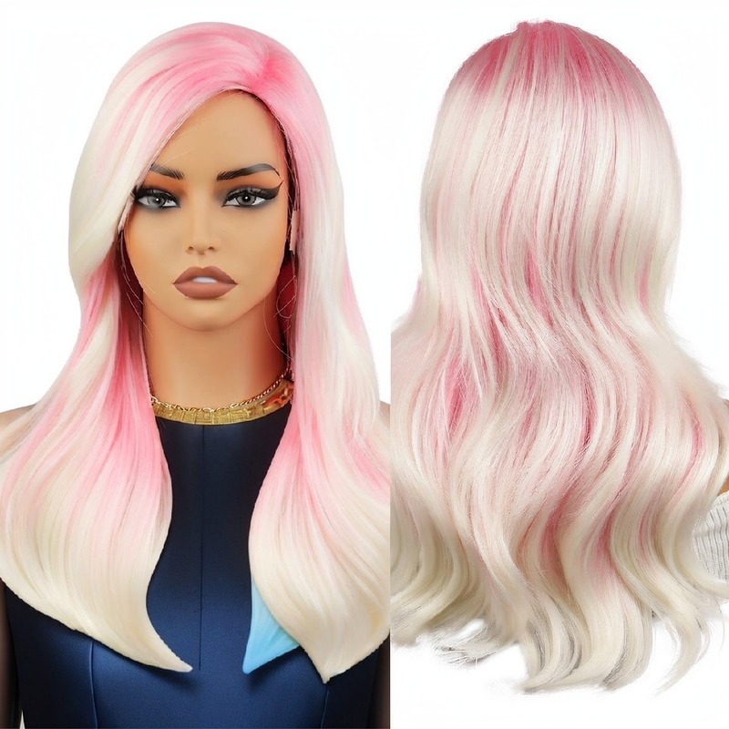 Pink and blonde ombre wavy wig with straight fringe