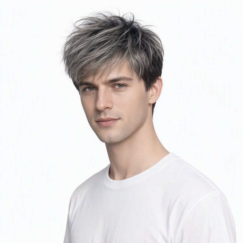 men's short textured wig - This men's wig features a short, textured cut with a voluminous, messy top and a side-swept