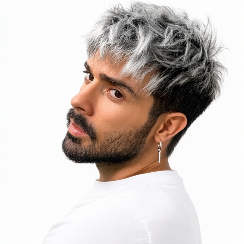 men's short textured wig - This men's wig features a striking two-tone color scheme with bright silver-white hair on top