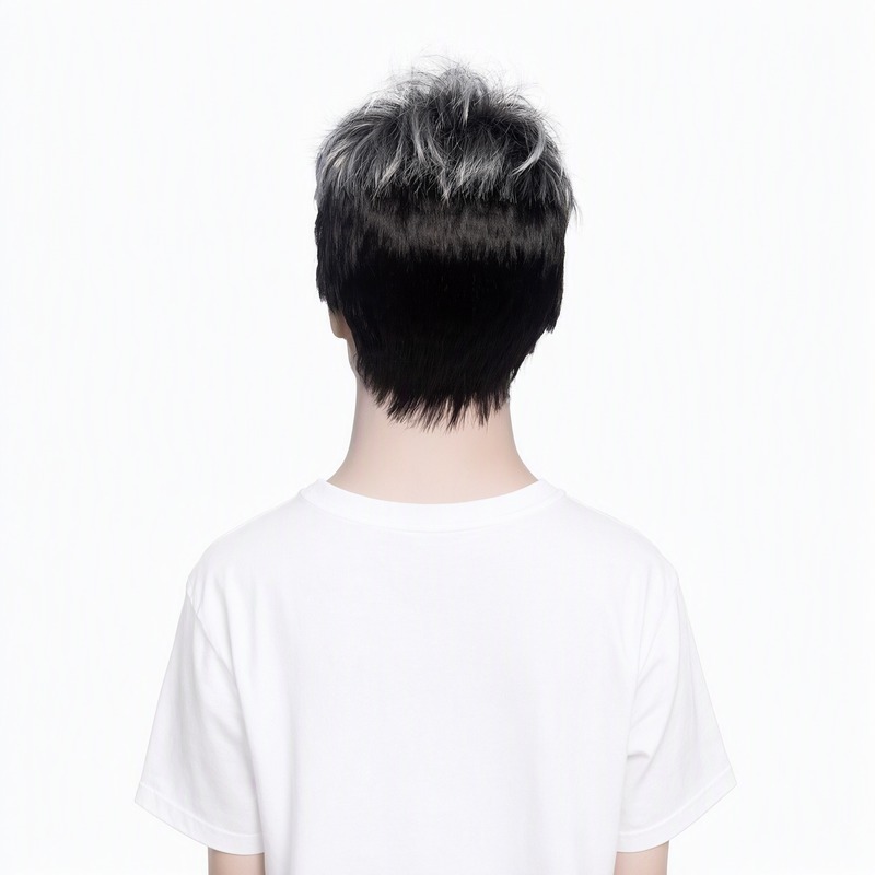 men's short textured wig - This short, textured wig features a striking two-tone color scheme with jet-black roots