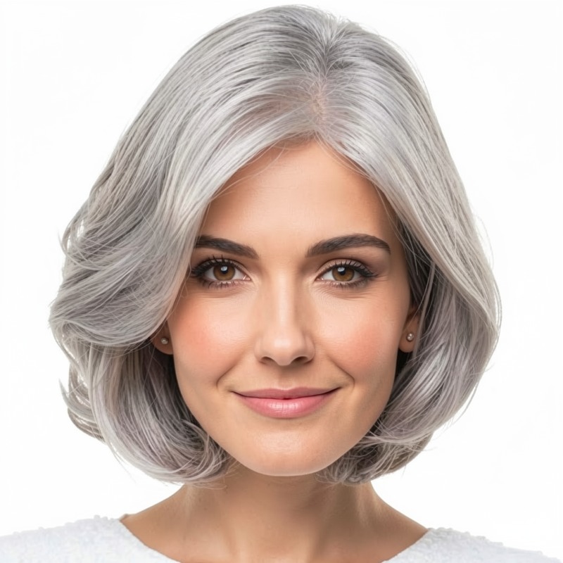 Short Silver Gray Wavy Bob Wig for Elderly Women, Bouncy and Realistic